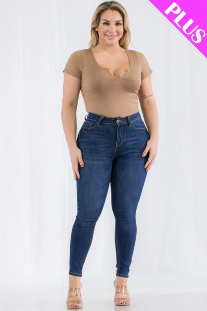 Plus Size Casual Split Neck Solid Short Sleeve Bodysuit - AV Fashion’s