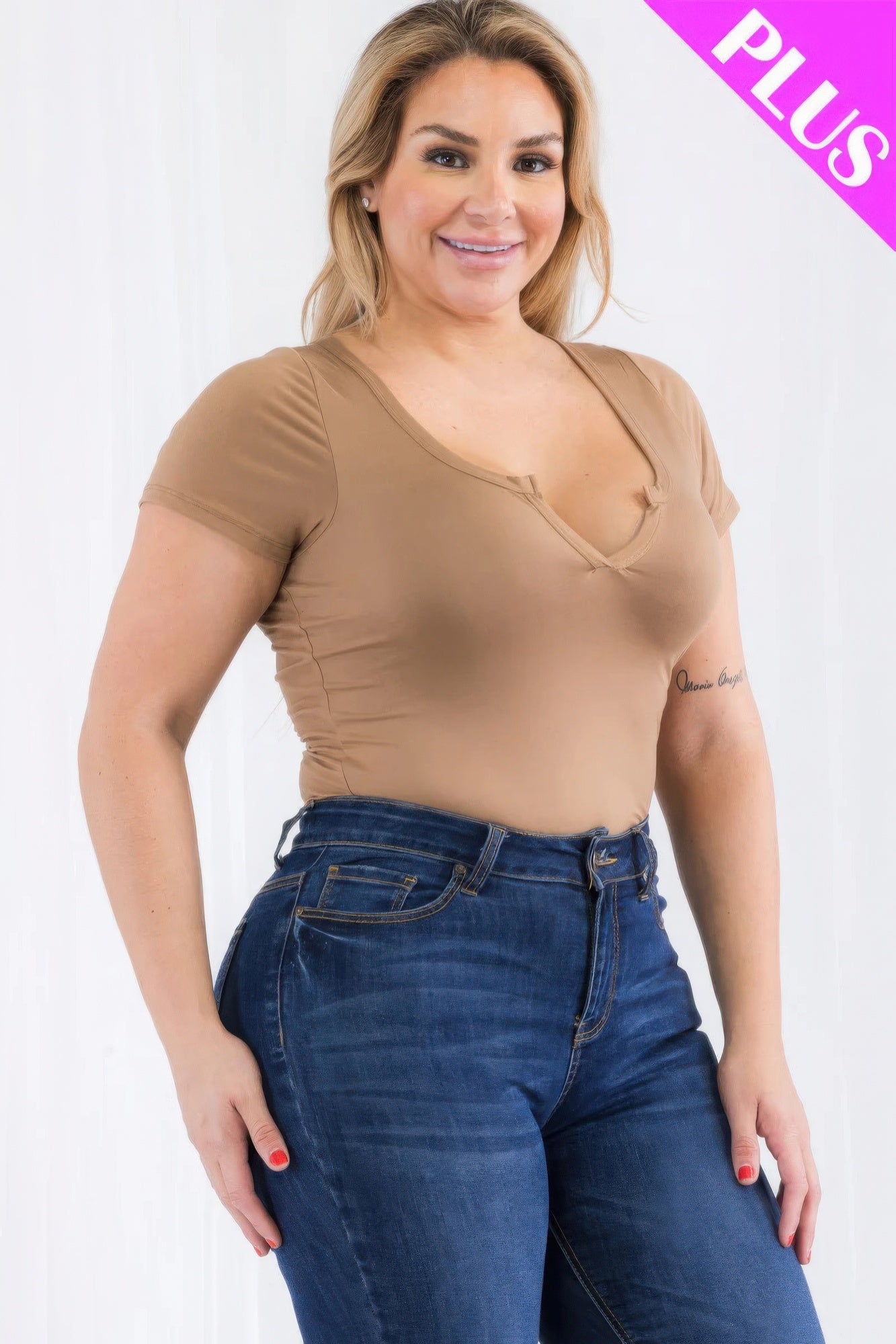 Plus Size Casual Split Neck Solid Short Sleeve Bodysuit - AV Fashion’s