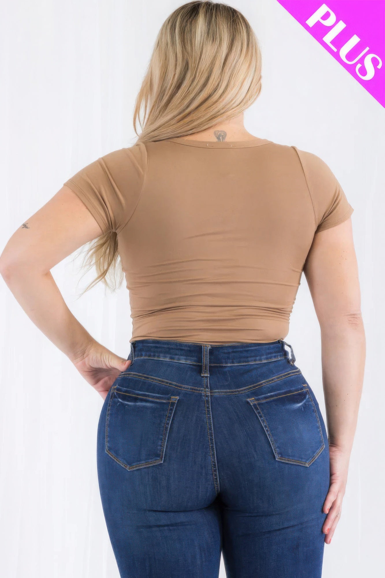 Plus Size Casual Split Neck Solid Short Sleeve Bodysuit - AV Fashion’s