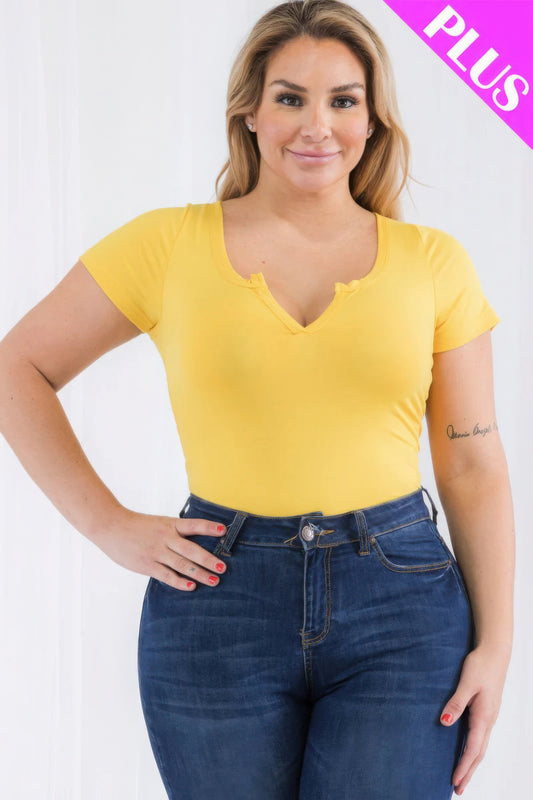 Plus Size Casual Split Neck Solid Short Sleeve Bodysuit - AV Fashion’s