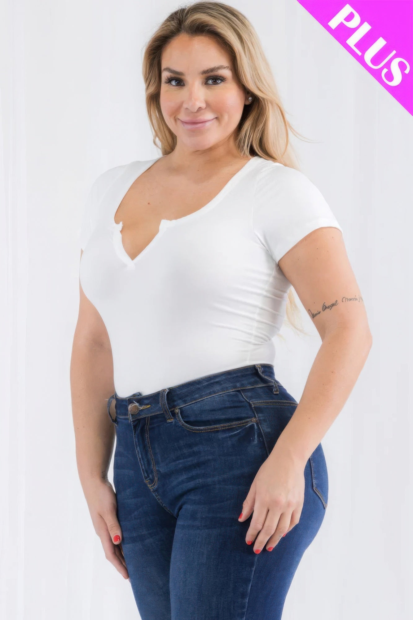 Plus Size Casual Split Neck Solid Short Sleeve Bodysuit - AV Fashion’s