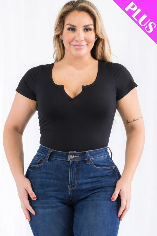 Plus Size Casual Split Neck Solid Short Sleeve Bodysuit - AV Fashion’s