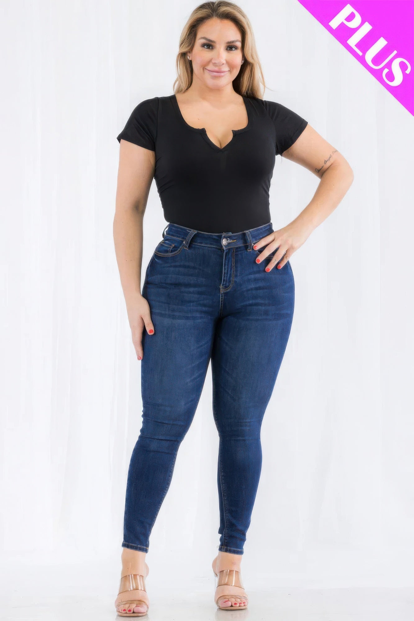 Plus Size Casual Split Neck Solid Short Sleeve Bodysuit - AV Fashion’s