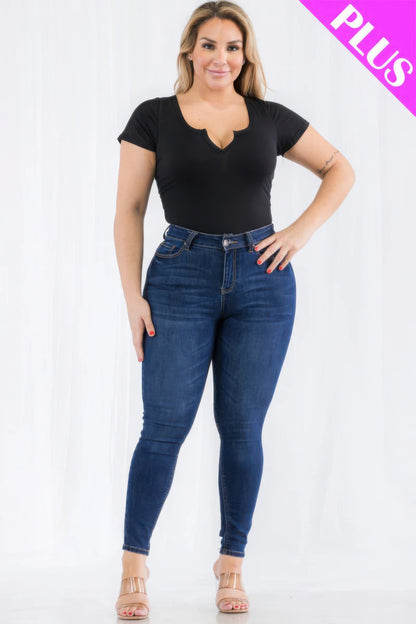 Plus Size Casual Split Neck Solid Short Sleeve Bodysuit - AV Fashion’s