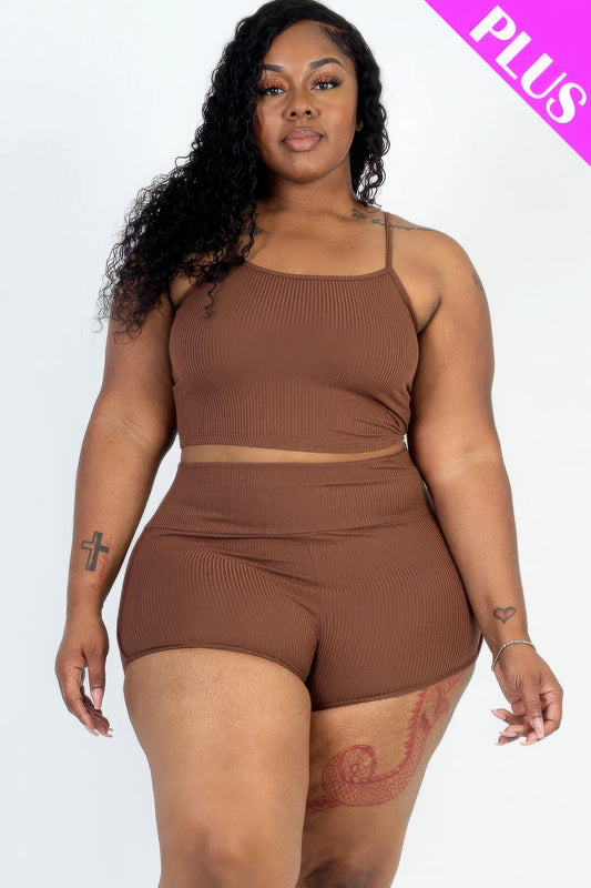 Plus Size Ribbed Cami Crop Top & Ruched Shorts Set - AV Fashion’s