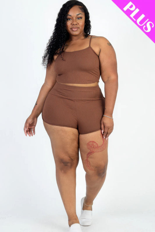 Plus Size Ribbed Cami Crop Top & Ruched Shorts Set - AV Fashion’s