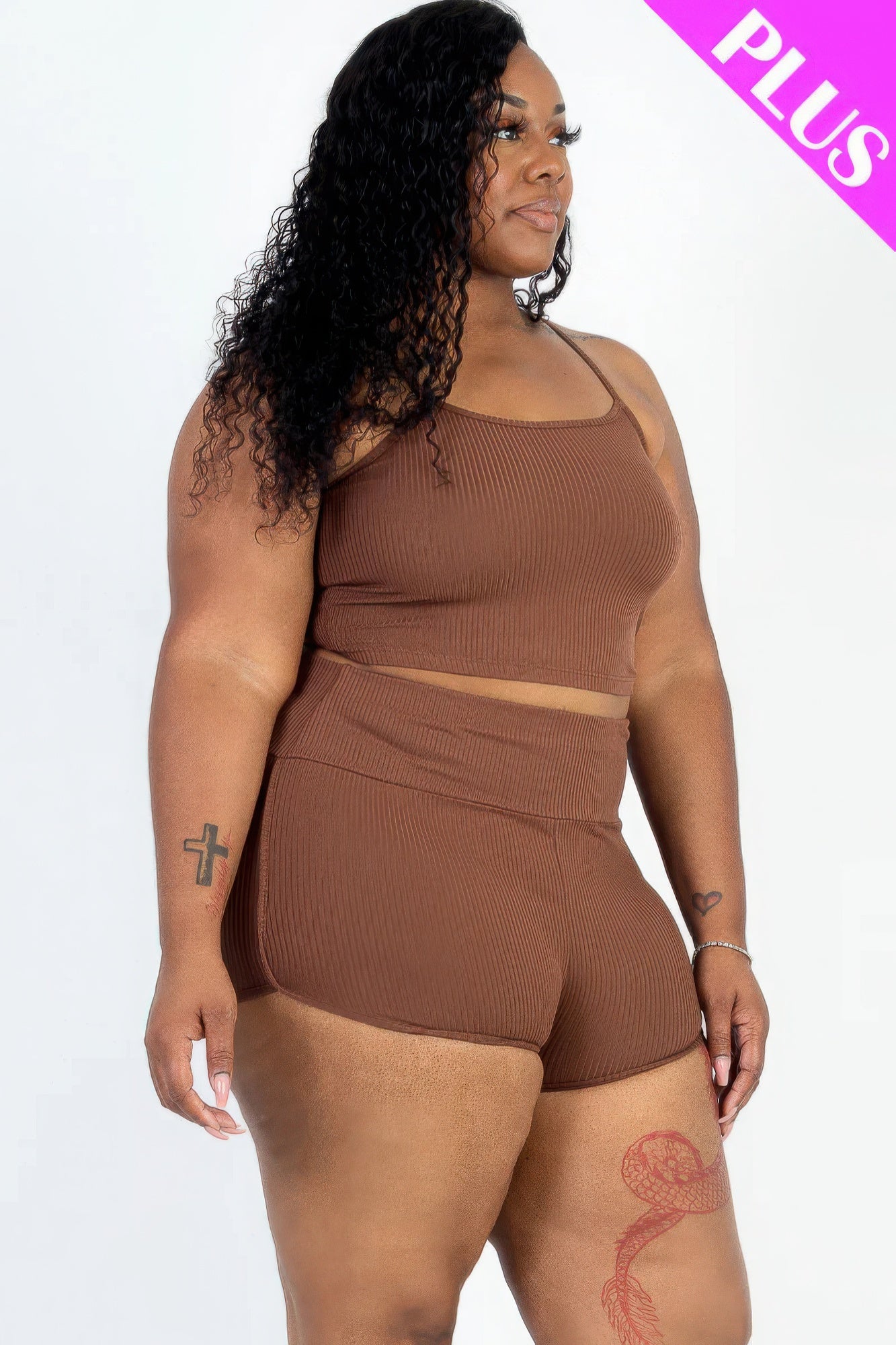 Plus Size Ribbed Cami Crop Top & Ruched Shorts Set - AV Fashion’s