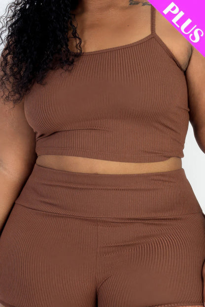 Plus Size Ribbed Cami Crop Top & Ruched Shorts Set - AV Fashion’s