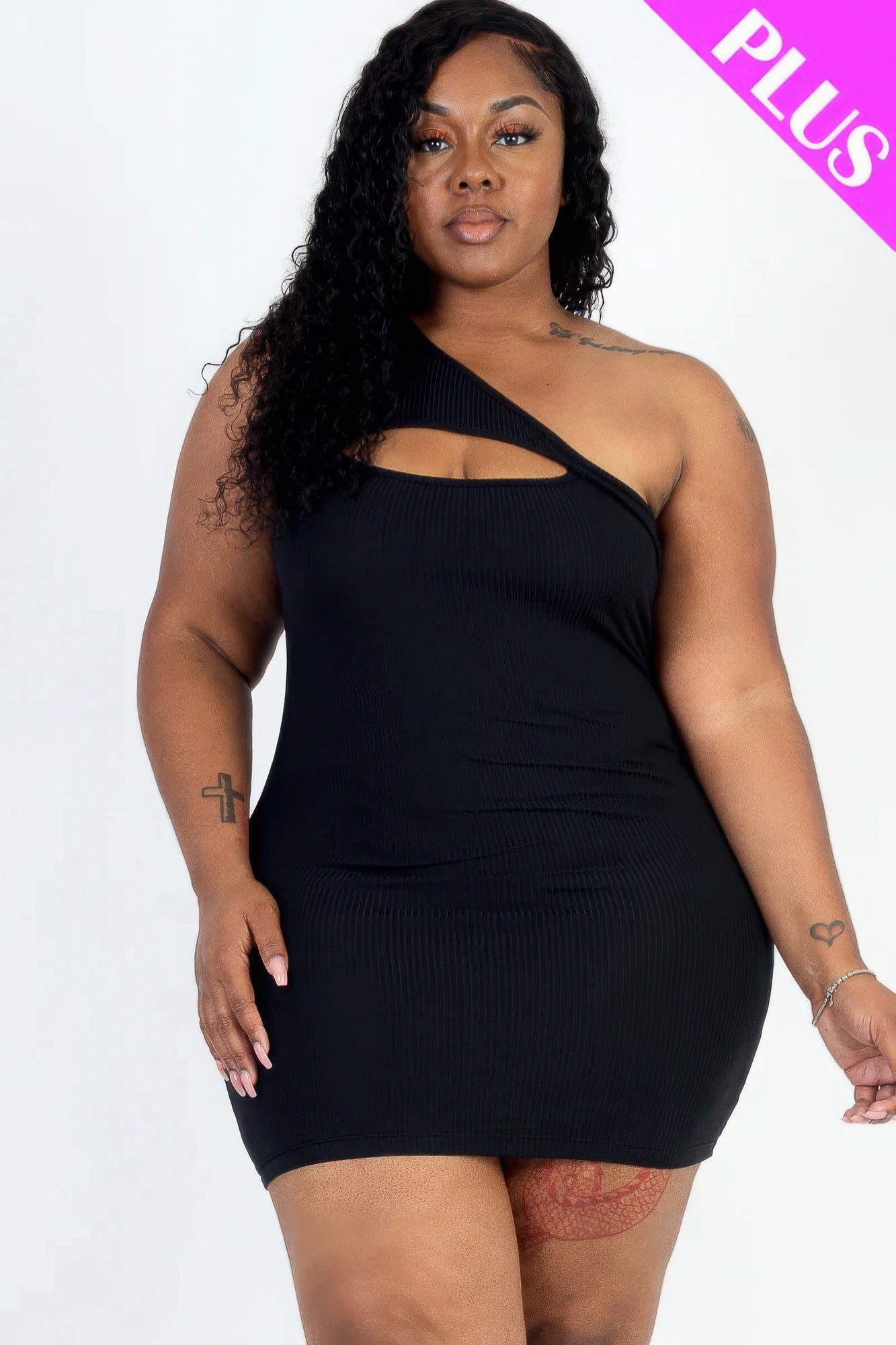 Plus Size Ribbed One Shoulder Cutout Front Casual Mini Bodycon Dress - AV Fashion’s