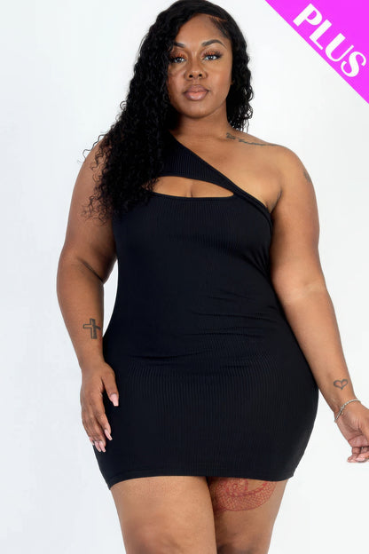 Plus Size Ribbed One Shoulder Cutout Front Casual Mini Bodycon Dress - AV Fashion’s