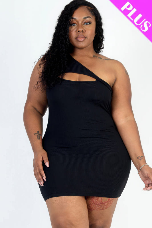 Plus Size Ribbed One Shoulder Cutout Front Casual Mini Bodycon Dress - AV Fashion’s