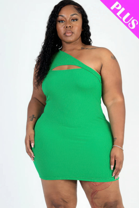 Plus Size Ribbed One Shoulder Cutout Front Casual Mini Bodycon Dress - AV Fashion’s