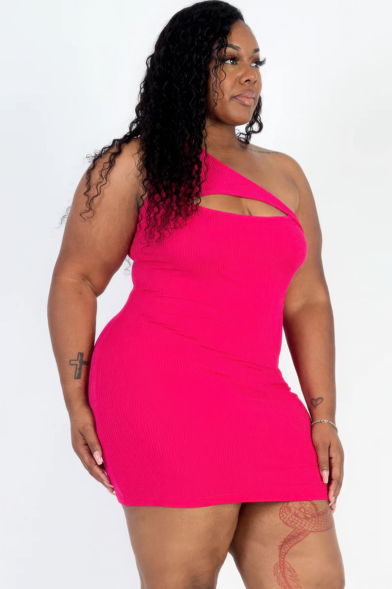 Plus Size Ribbed One Shoulder Cutout Front Casual Mini Bodycon Dress - AV Fashion’s
