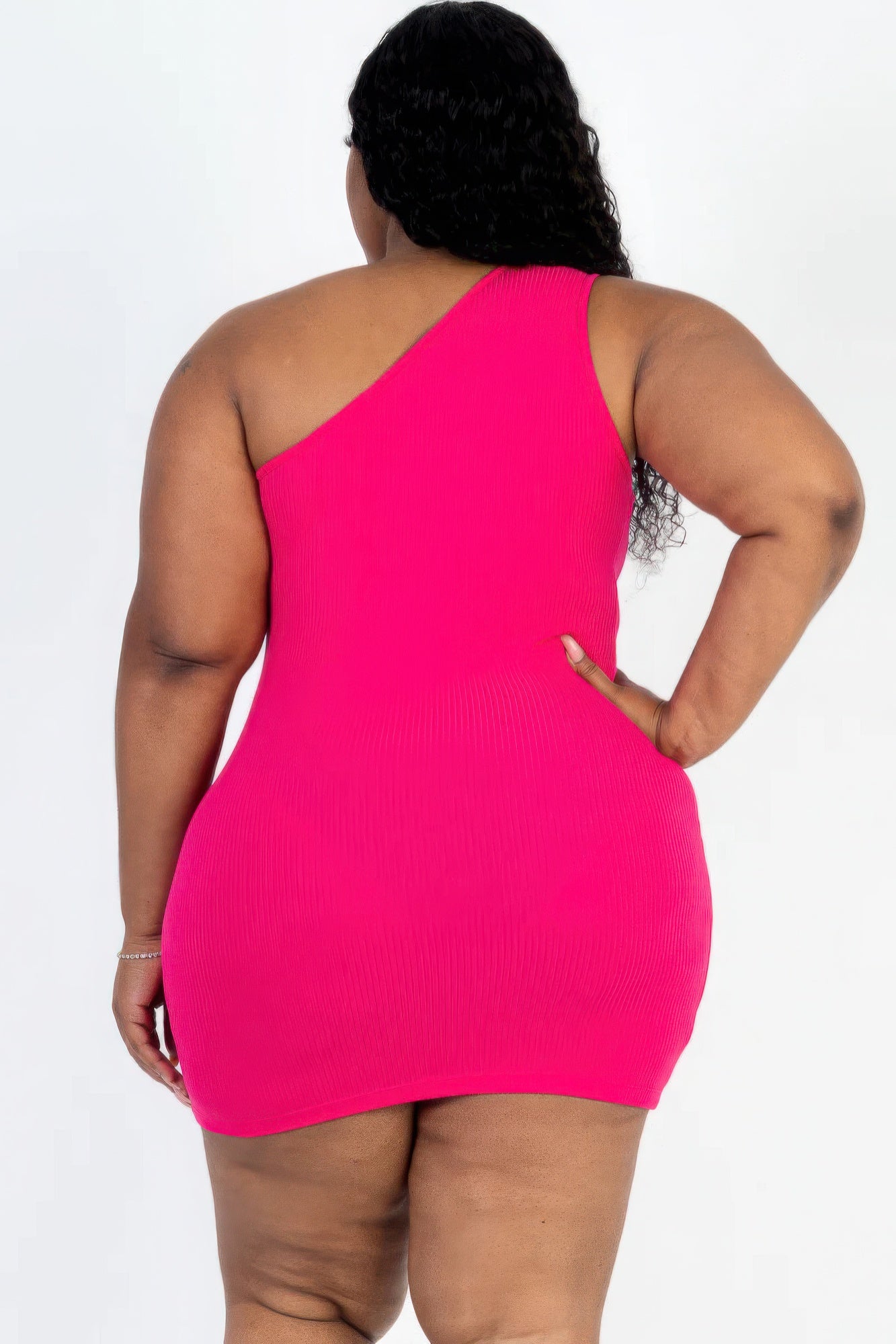 Plus Size Ribbed One Shoulder Cutout Front Casual Mini Bodycon Dress - AV Fashion’s