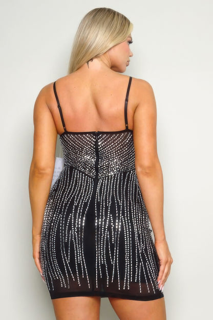 Spaghetti Strap Rhinestone Hot Fix Mini Dress - AV Fashion’s