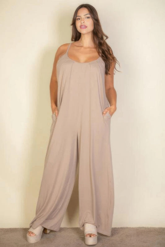 Plus spaghetti strap solid wide jumpsuit - AV Fashion’s