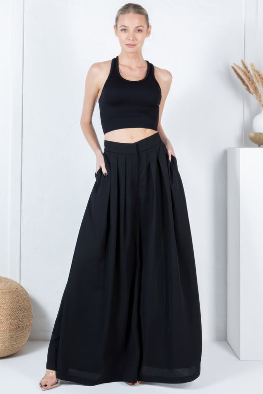 Large Hem Wide Leg Pleated Solid Pants - AV Fashion’s