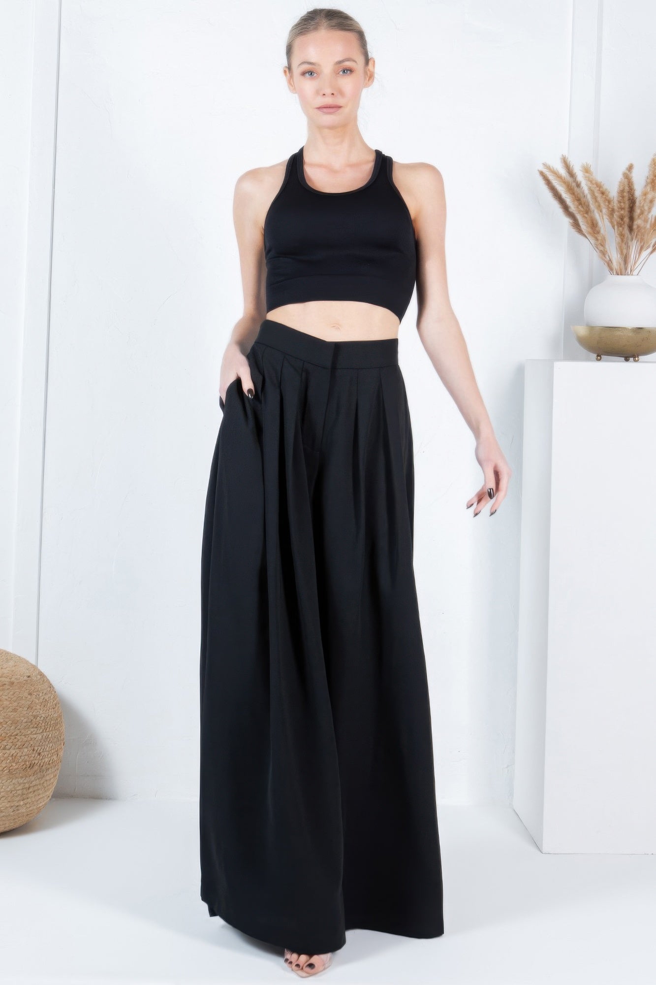 Large Hem Wide Leg Pleated Solid Pants - AV Fashion’s