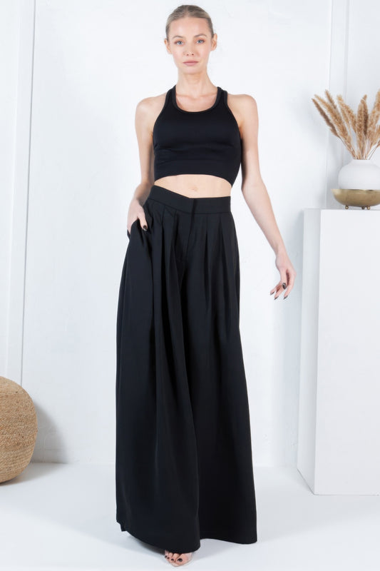 Large Hem Wide Leg Pleated Solid Pants - AV Fashion’s