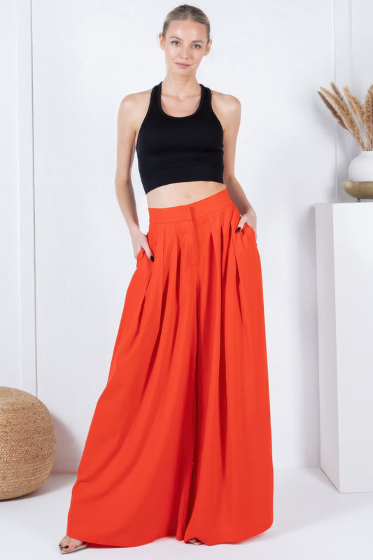 Large Hem Wide Leg Pleated Solid Pants - AV Fashion’s