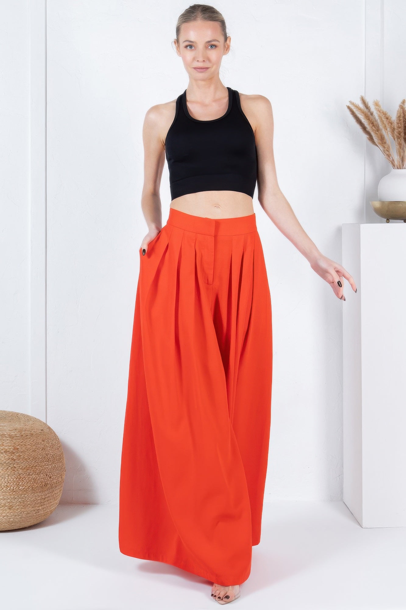 Large Hem Wide Leg Pleated Solid Pants - AV Fashion’s