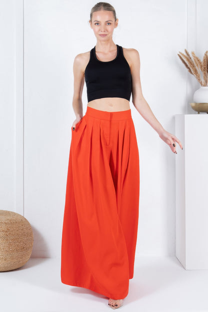 Large Hem Wide Leg Pleated Solid Pants - AV Fashion’s