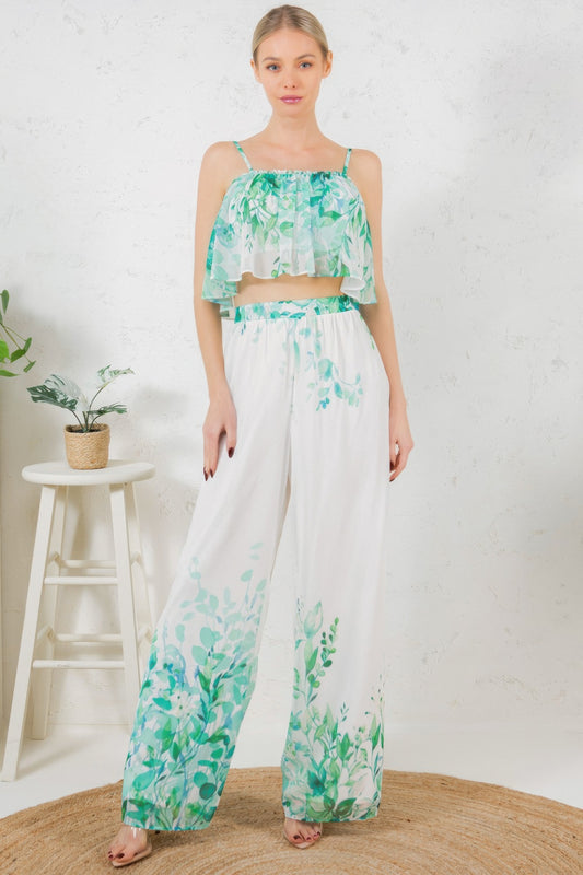 Printed Crop Top & Wide Leg Long Pants Set - AV Fashion’s
