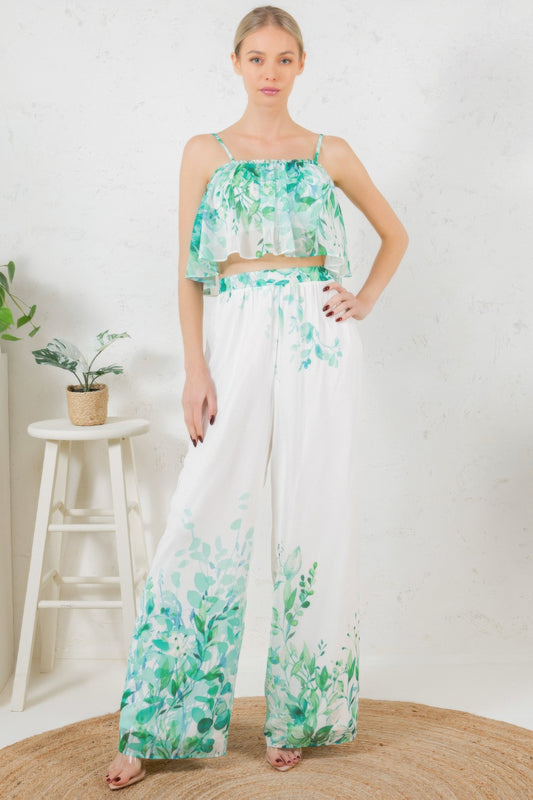 Printed Crop Top & Wide Leg Long Pants Set - AV Fashion’s