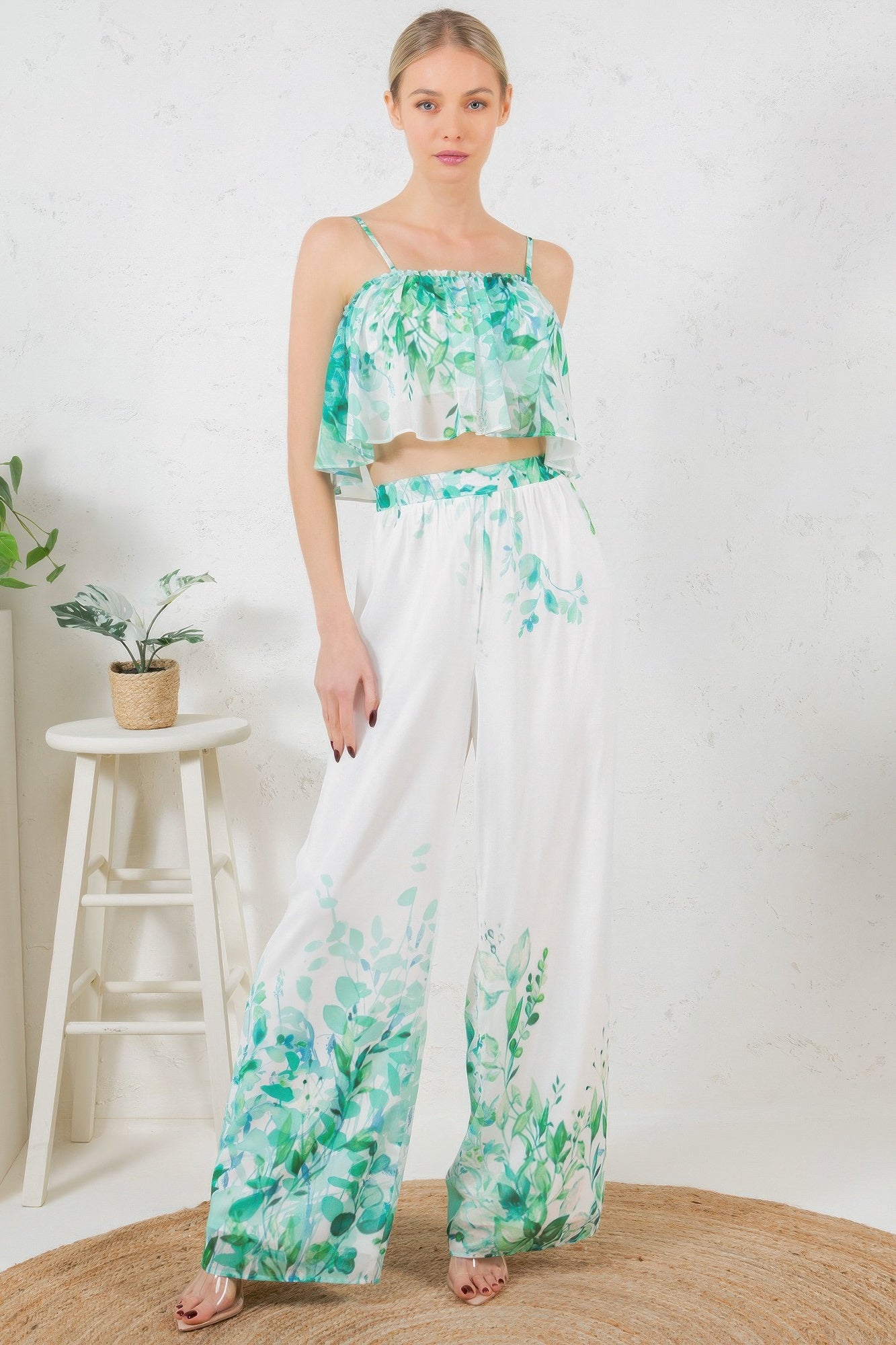Printed Crop Top & Wide Leg Long Pants Set - AV Fashion’s