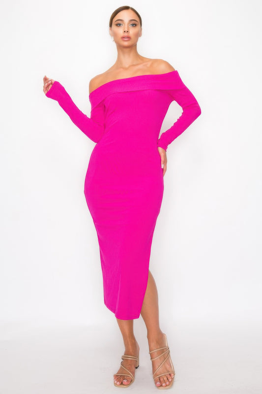 Off-shoulder Rib Midi Dress - AV Fashion’s