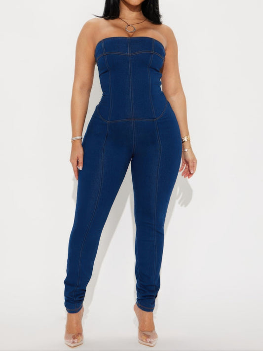 Strapless Denim Jumpsuit With Lace Up Back - AV Fashion’s