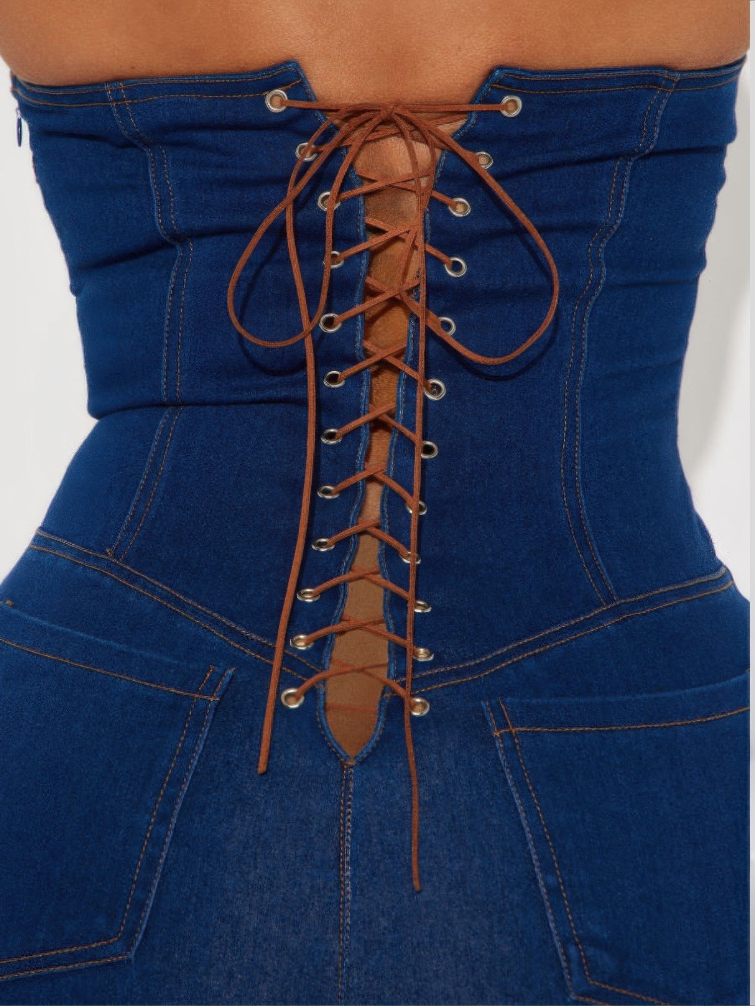 Strapless Denim Jumpsuit With Lace Up Back - AV Fashion’s