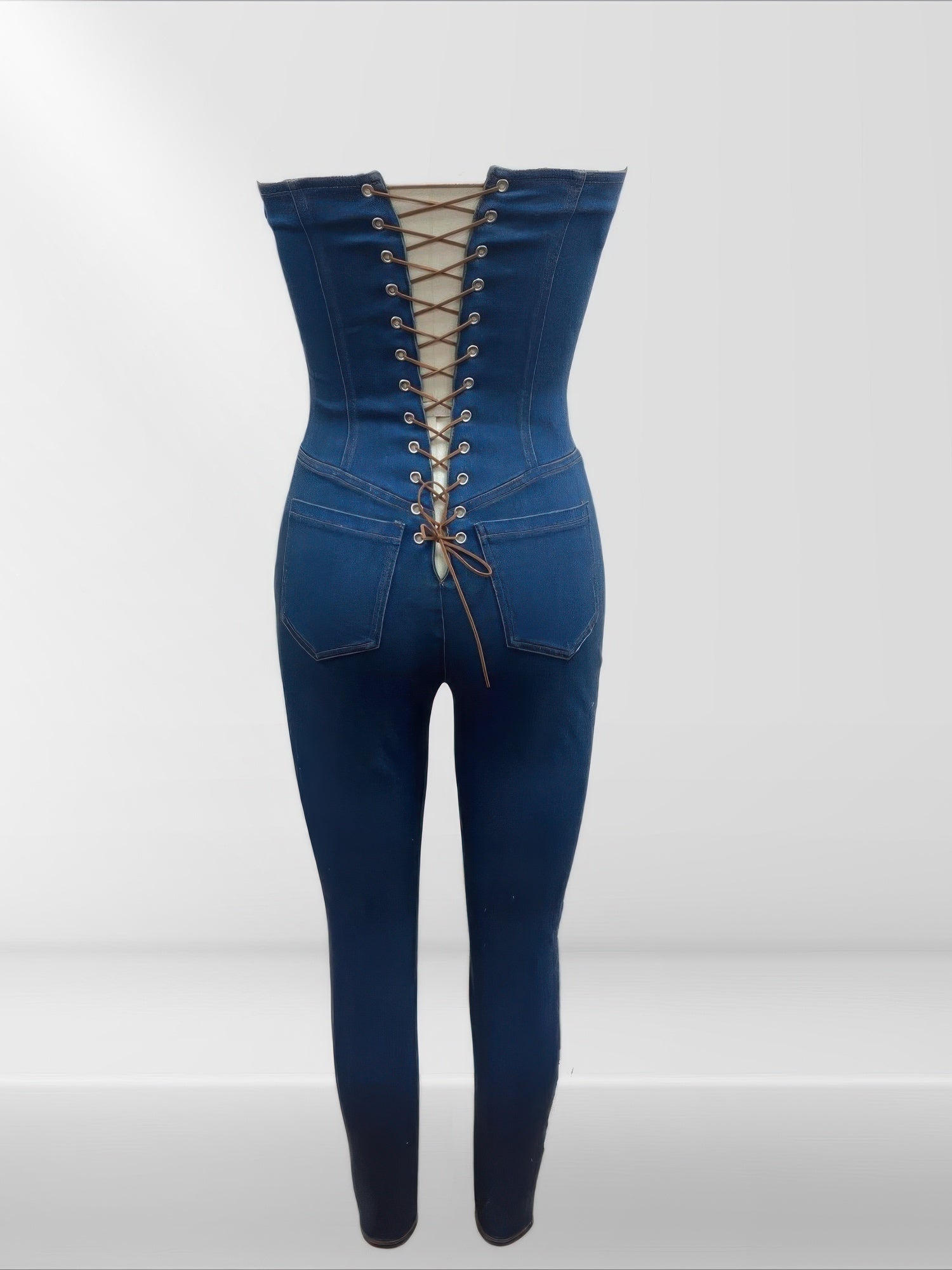 Strapless Denim Jumpsuit With Lace Up Back - AV Fashion’s