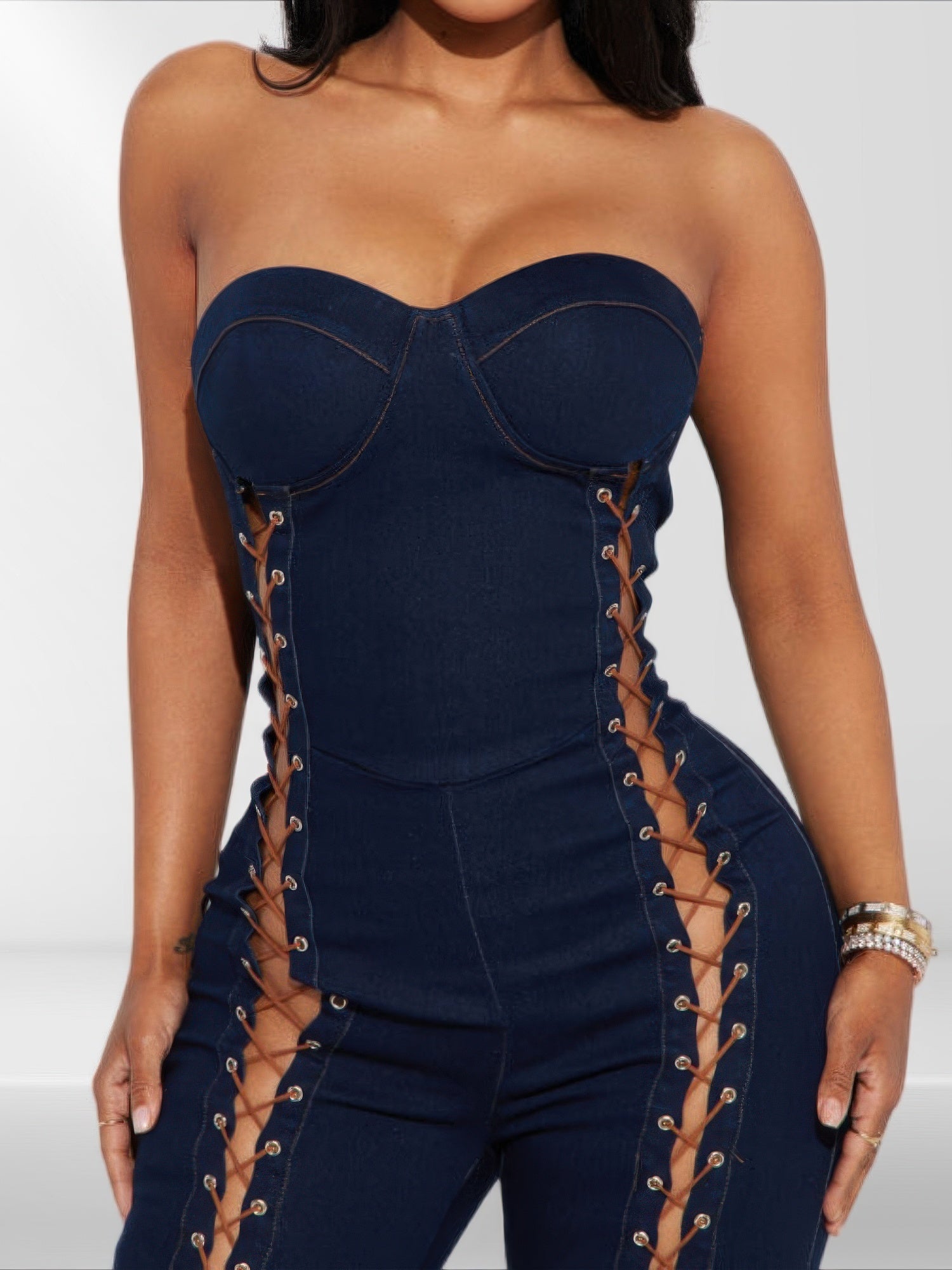 Lace Up Detail Denim Jumpsuit - AV Fashion’s