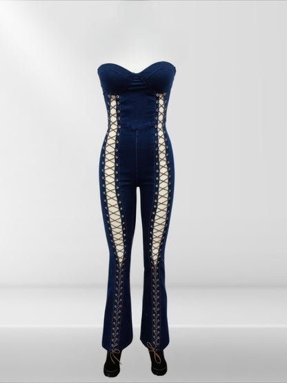 Lace Up Detail Denim Jumpsuit - AV Fashion’s