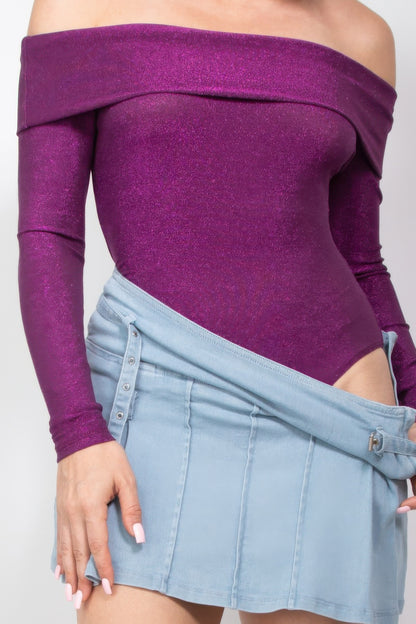 Off-shoulder Glittery Long Sleeve Bodysuit - AV Fashion’s