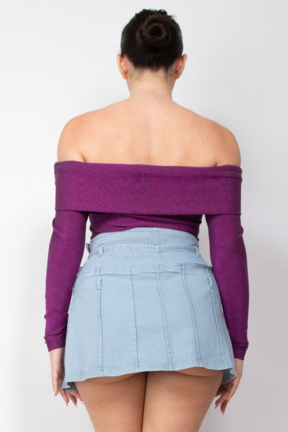Off-shoulder Glittery Long Sleeve Bodysuit - AV Fashion’s