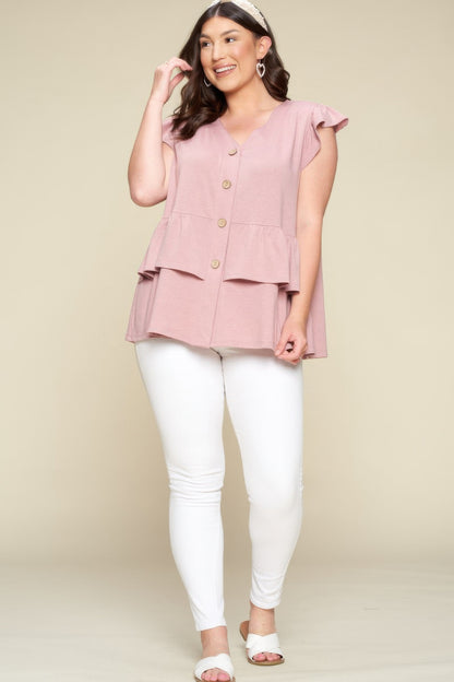 Plus Size Solid Button Flutter Sleeve Top - AV Fashion’s