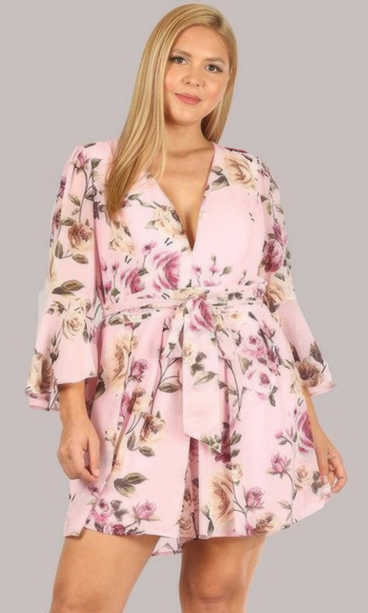 Floral Chiffon 3 4 Sleeve Tie Waist Romper - AV Fashion’s