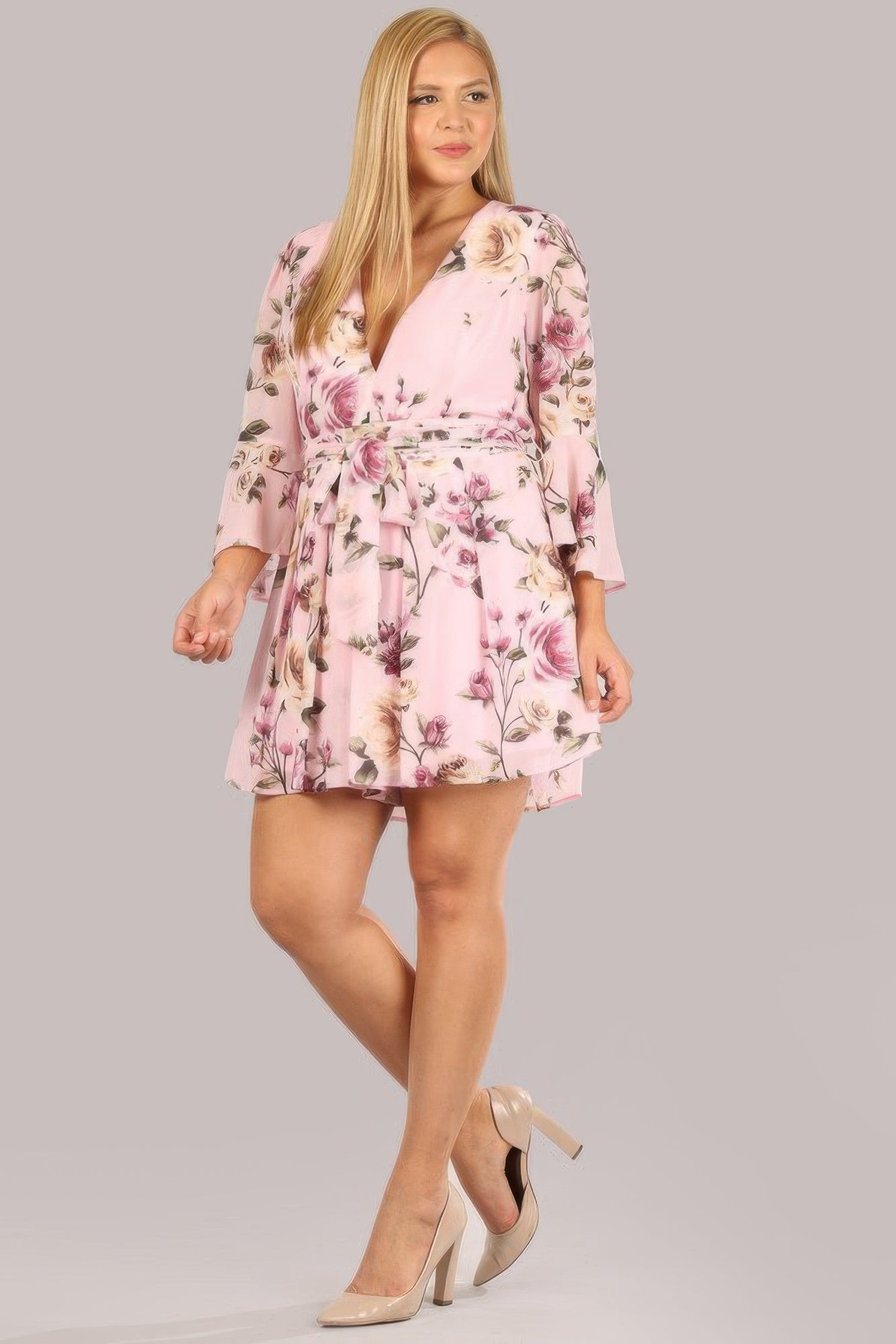 Floral Chiffon 3 4 Sleeve Tie Waist Romper - AV Fashion’s