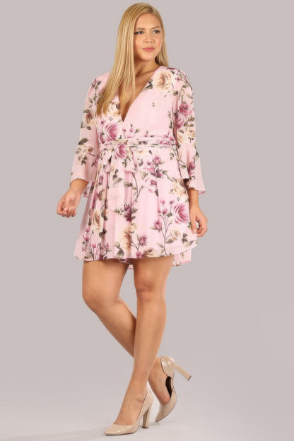 Floral Chiffon 3 4 Sleeve Tie Waist Romper - AV Fashion’s
