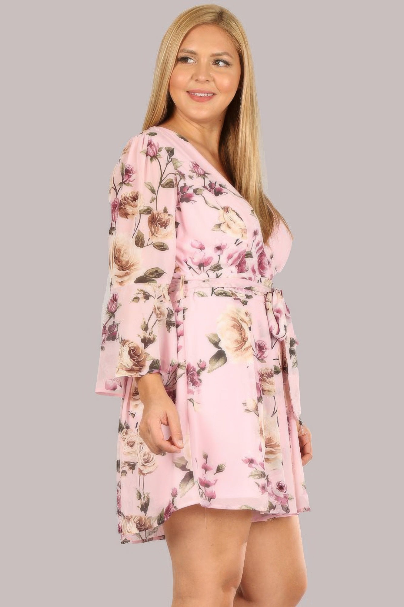 Floral Chiffon 3 4 Sleeve Tie Waist Romper - AV Fashion’s