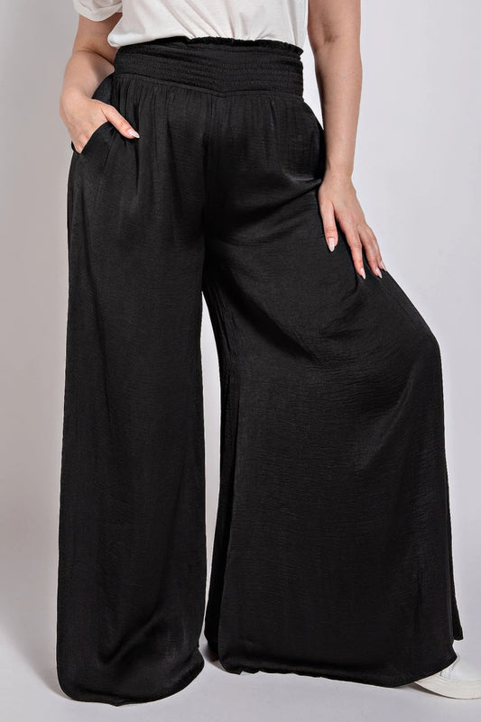 Washed Satin Wide Pants With Waist Smocked - AV Fashion’s