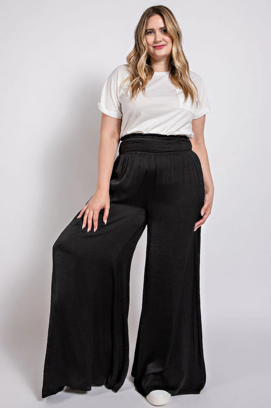 Washed Satin Wide Pants With Waist Smocked - AV Fashion’s