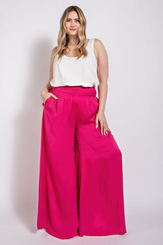 Washed Satin Wide Pants With Waist Smocked - AV Fashion’s