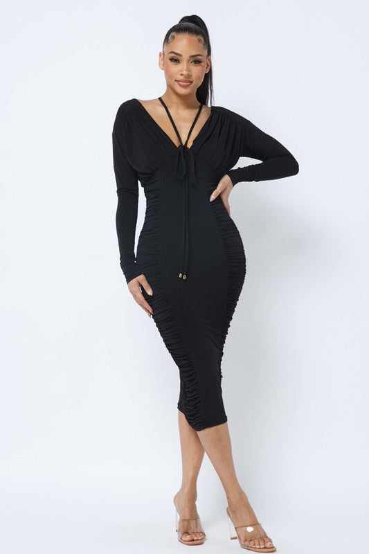 Long Sleeve Midi Dress With Low V Neck Front And Back With Ruching On Sides And Chest - AV Fashion’s