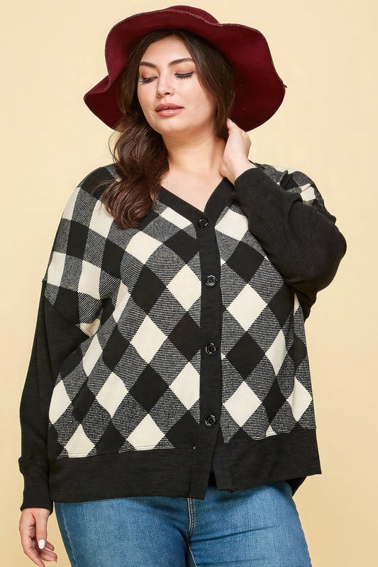 Plus Size Buffalo Plaid Knit Button Up Oversize Cardigan - AV Fashion’s