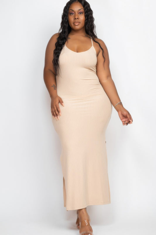 Plus Size Ribbed Side Slit Long Cami Maxi Dress - AV Fashion’s