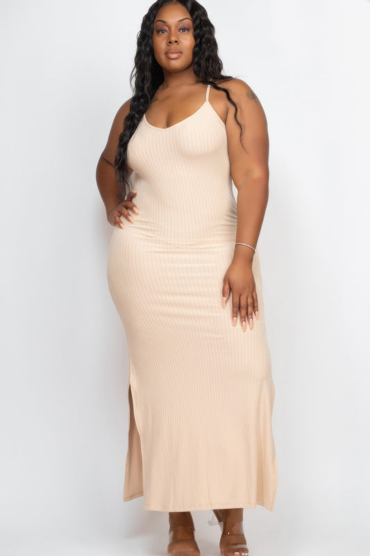 Plus Size Ribbed Side Slit Long Cami Maxi Dress - AV Fashion’s