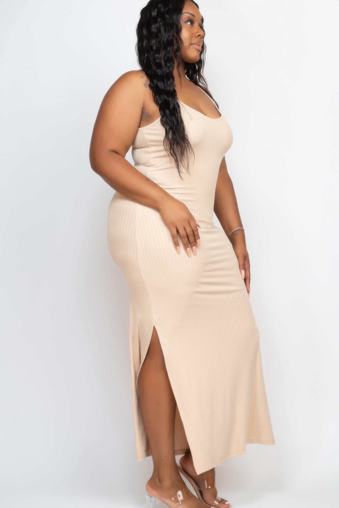 Plus Size Ribbed Side Slit Long Cami Maxi Dress - AV Fashion’s